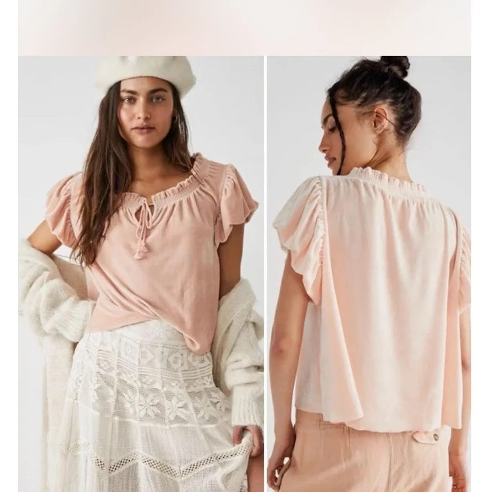 Free People Womens Velvet Smocked Puff Sleeve Top Polyester S pink peachy